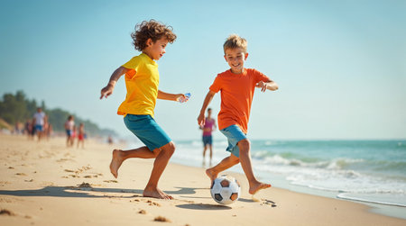 Two happy boys playing football on the beach. Kids having fun on summer vacationの素材