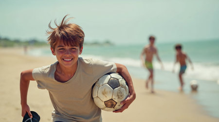 teenage boy with soccer ball on the beach having fun playing footballの素材
