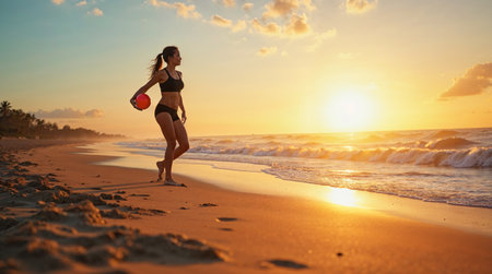 Beautiful woman in bikini running on the beach at sunset. Healthy lifestyle.の素材