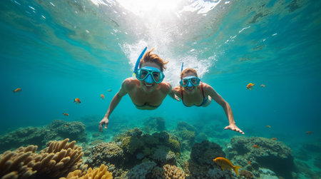 Mother and daughter snorkeling underwater in tropical coral reef.の素材