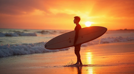 Surfer with surfboard on the beach at sunset. Surfing conceptの素材