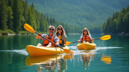 Group of happy friends kayaking on beautiful mountain lake. Sport and active lifestyle concept.の素材