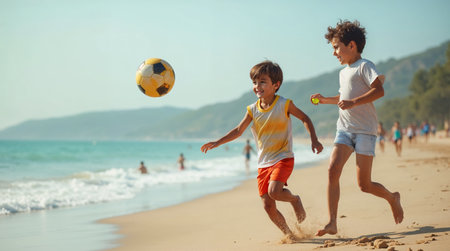 Two happy boys playing with soccer ball on beach. Focus on boyの素材