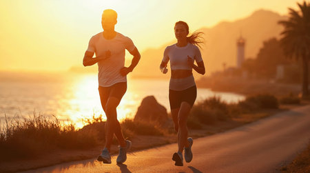 healthy young couple jogging at sunrise seaside in fitness and healthy lifestyle conceptの素材