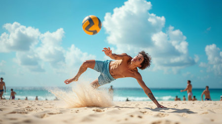Young man playing beach volleyball on the beach. Summer vacation concept.の素材