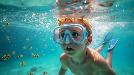 Cute little boy swimming underwater with snorkeling equipment.の素材