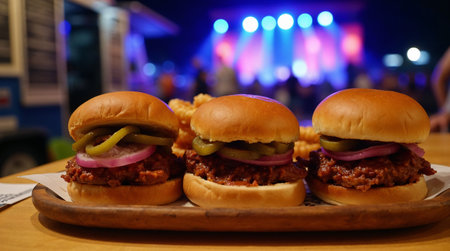 Two hamburgers on a wooden plate on a blurred background.の素材