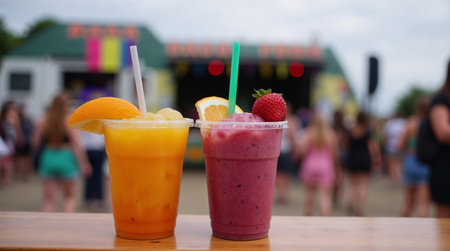 Fruit smoothies in a plastic cup on the background of the summer festivalの素材