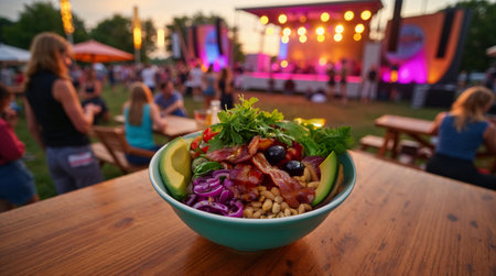 Bowl with salad on a wooden table in front of a music festivalの素材
