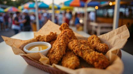 Fried chicken nuggets with sauce on the table in the streetの素材