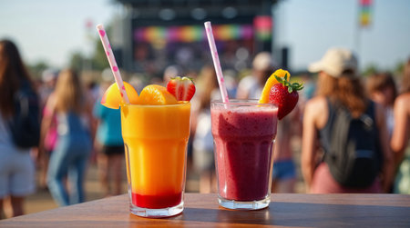 Fruit smoothies in glasses on the background of a summer partyの素材