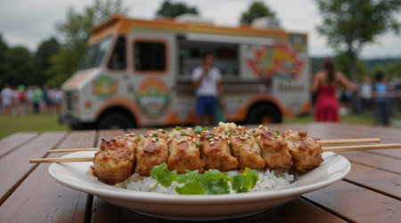Kebab on a plate in front of a food truck.の素材