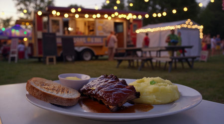 Rack of ribs with mashed potatoes and bread on a white plateの素材