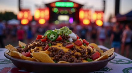 Mexican nachos with meat and vegetables on a table at a street food festivalの素材