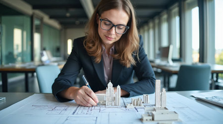 Female architect working on blueprint at desk in office. Young businesswoman in suit and glasses sitting at table with blueprints and building model. construction conceptの素材