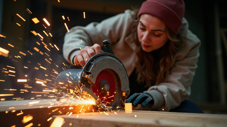 Female worker cutting wood with angle grinder in carpentry workshop.の素材