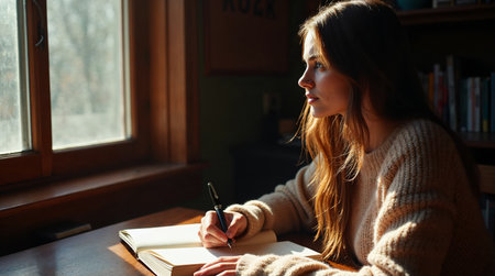 Portrait of a young woman sitting at a table in a cafe and writing in a notebookの素材