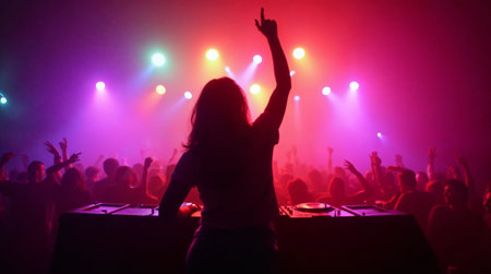 silhouette of a girl dancing at a concert in the nightclubの素材