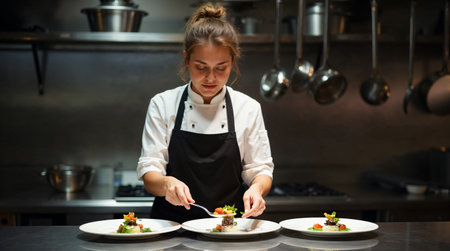 young female chef decorating dishes in the kitchen of a restaurant or hotelの素材