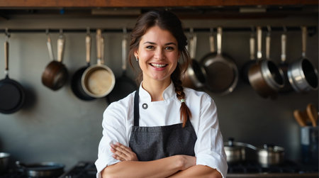 Portrait of a smiling female chef standing with arms crossed in the kitchenの素材