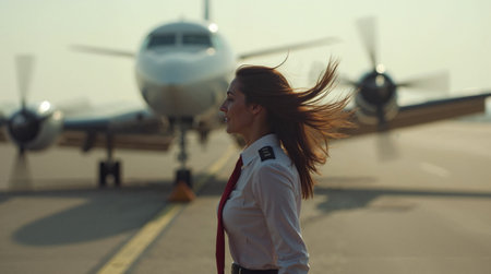 Young beautiful businesswoman standing in front of an airplane and looking awayの素材