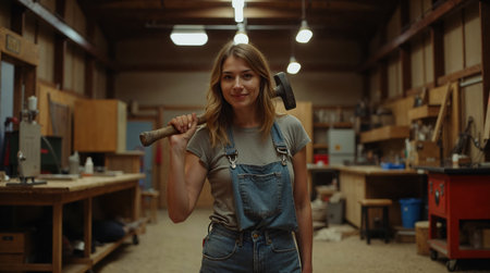Portrait of young female carpenter working with hammer in her workshopの素材