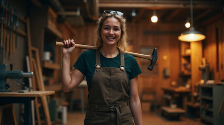 Portrait of a smiling female carpenter holding a hammer in her workshopの素材