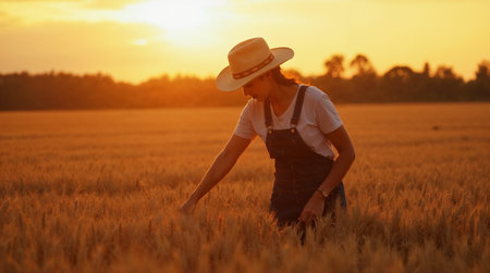 Young farmer woman in hat and overalls standing in wheat field at sunsetの素材