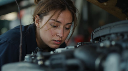 Young Asian woman mechanic working in auto repair shop. Female mechanic repairing car engine.の素材
