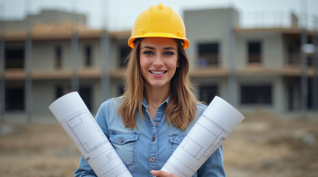 Portrait of a young female engineer holding blueprints at construction siteの素材