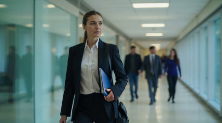 Portrait of young businesswoman walking in corridor of modern office buildingの素材