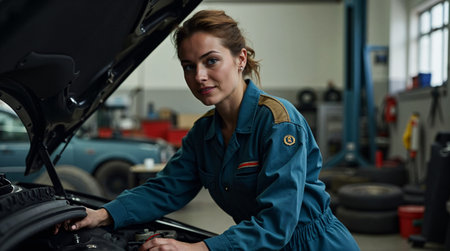 Portrait of a female mechanic repairing a car in a car repair shopの素材