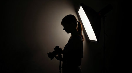 Silhouette of a female photographer with a camera in the studioの素材