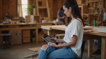 Portrait of young woman using digital tablet while sitting in creative officeの素材