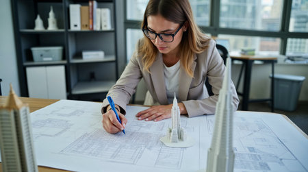 Architect woman working on blueprint at desk in office. Architect conceptの素材