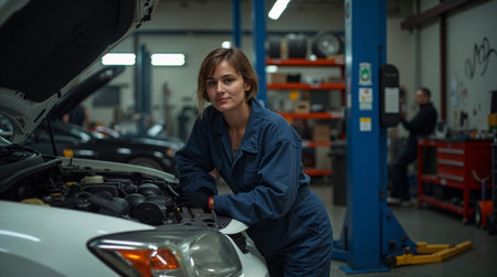 Portrait Of Female Mechanic Fixing Car In Auto Repair Shopの素材