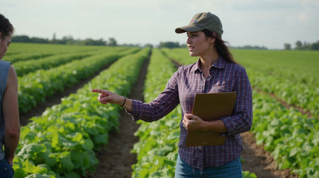 Young female agronomist with laptop standing in field of lettuceの素材