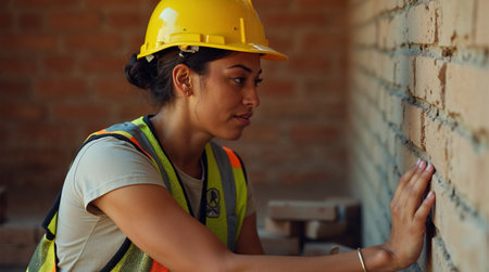 Close-up of a female construction worker using a brick wall.の素材