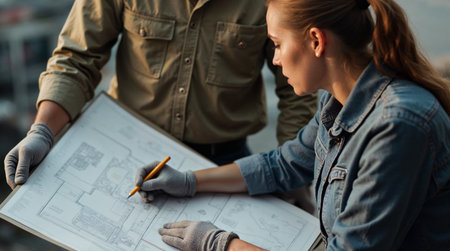 selective focus of female architect and colleague working with blueprint at construction siteの素材