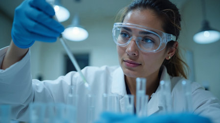 Young female scientist working in a laboratory (color toned image; shallow DOF)の素材