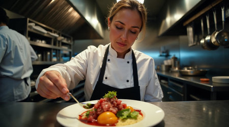 Portrait of a female chef garnishing a dish in a commercial kitchenの素材