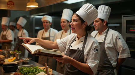 Portrait of female chef reading cookbook while standing in restaurant kitchenの素材