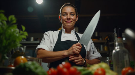 Portrait of a beautiful young woman in apron cutting vegetables in the kitchen.の素材