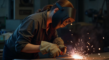 Female welder wearing protective mask welding metal on the construction site.の素材