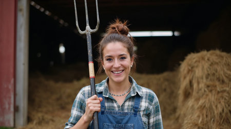 Young female farmer holding a pitchfork and smiling while standing in barnの素材