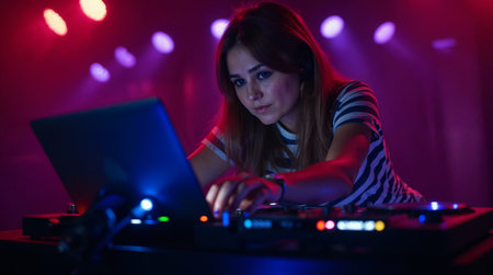 Portrait of young female disc jockey playing music at night clubの素材