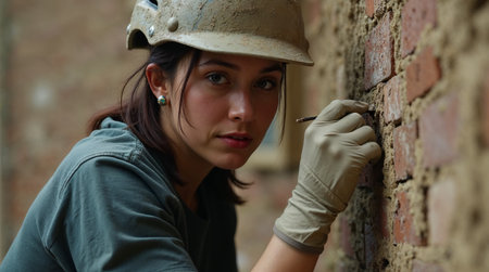 Young female construction worker in helmet and gloves working with brick wall.の素材