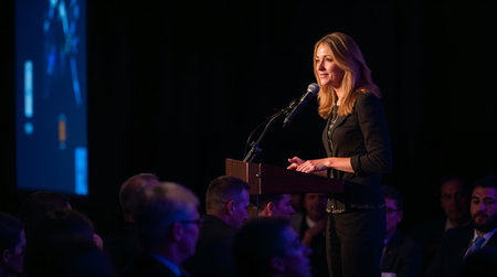 Female speaker in front of the audience at the concert of the Swedish singer Elisabeth Stuttgart at the Elisabeth-Hall in Stockholm.の素材