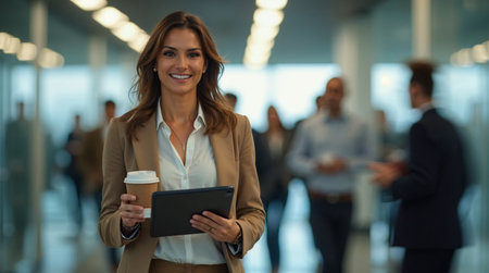 Portrait of a smiling businesswoman using digital tablet while standing in officeの素材