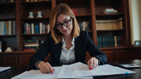 Young attractive businesswoman working at her desk in the office. Business and education concept.の素材